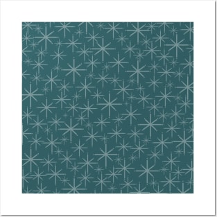 Retro Atomic Twinkling Starburst Pattern in Steel Blue Posters and Art